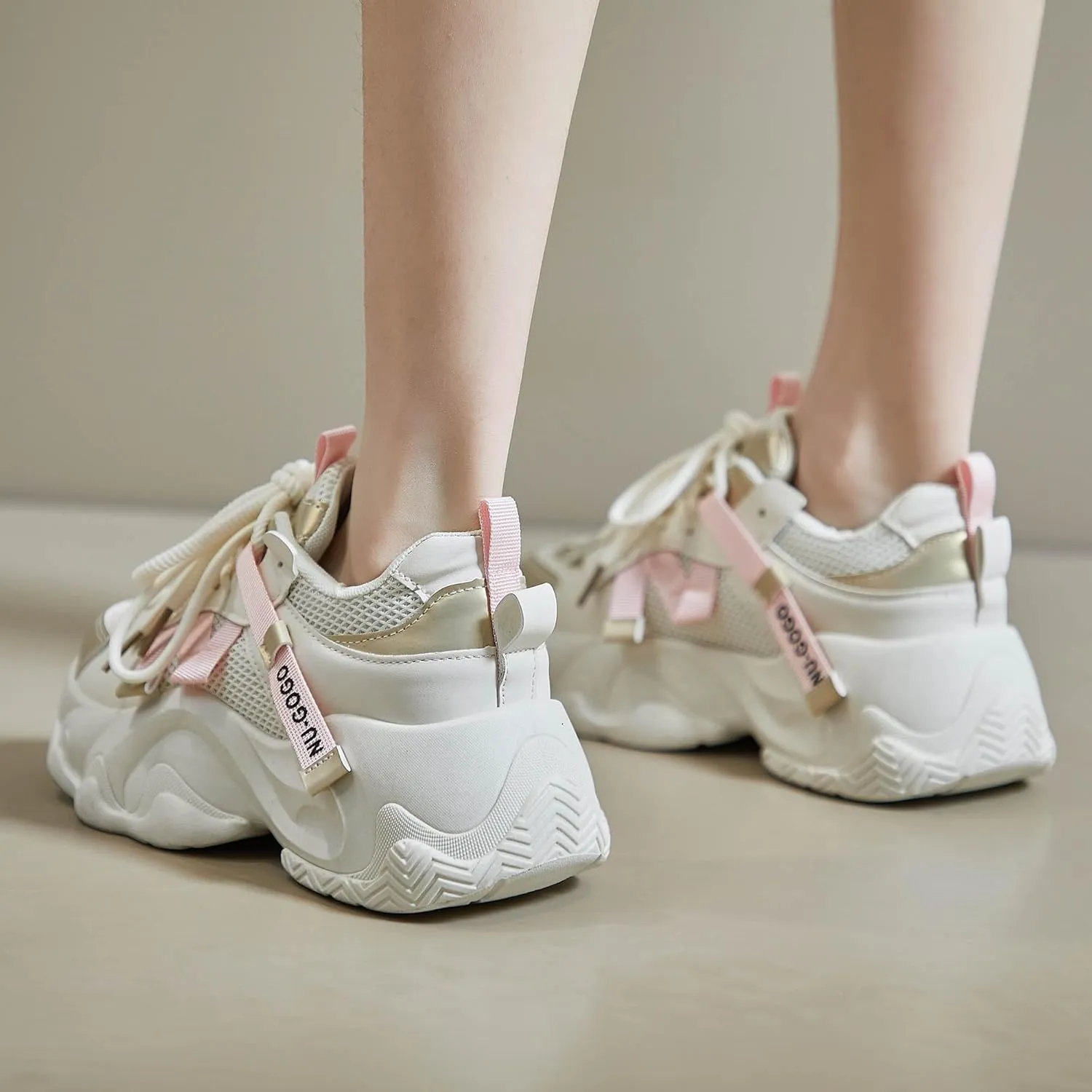 Women's Chunky Platform Sneakers Breathable Mesh Athletic Walking Shoes Retro Lace Up Casual Sneakers
