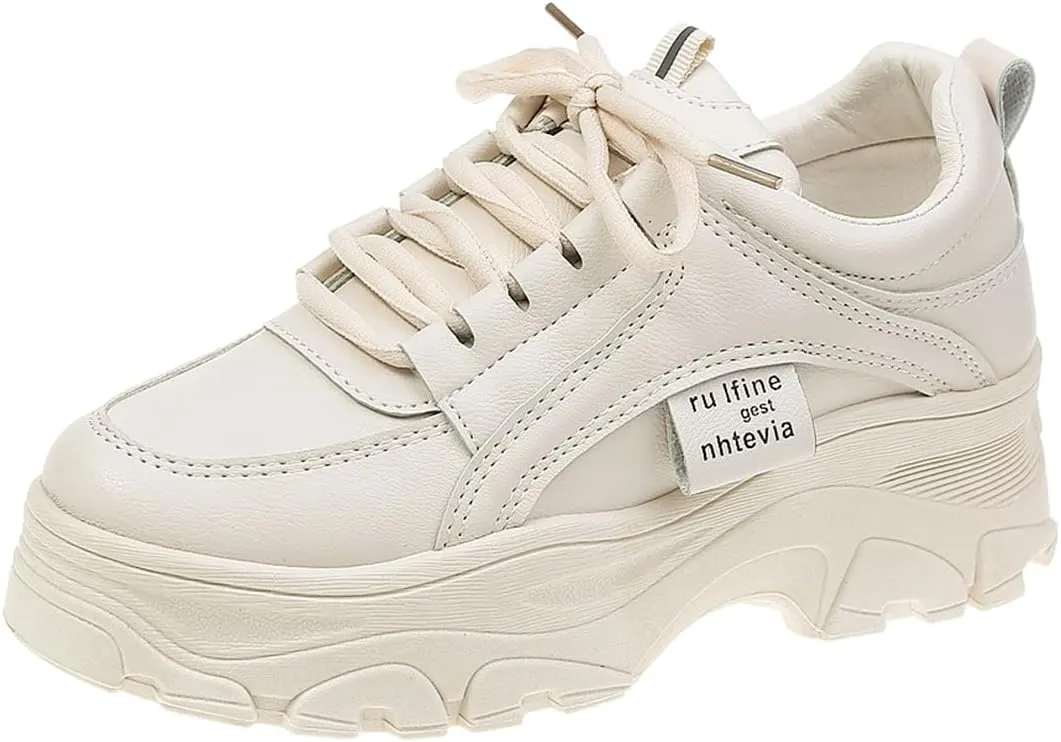 Women's Chunky White Leather Sneakers Fashion Lace-Up Walking Shoes for Women, Comfortable Everyday Casual Gym Shoes