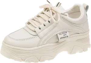 Women's Chunky White Leather Sneakers Fashion Lace-Up Walking Shoes for Women, Comfortable Everyday Casual Gym Shoes