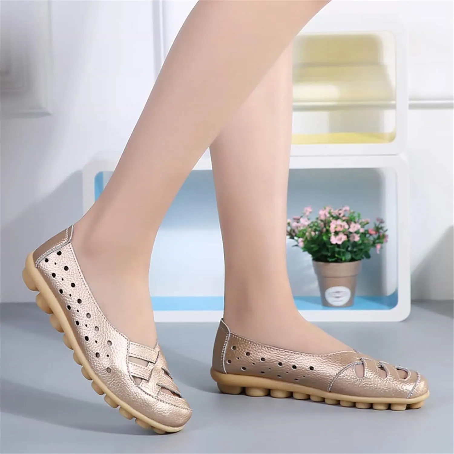 womens comfort sandals Breathable Leather Hollow Out Loafer Flats Summer Slip-On Cutout Sandals Casual Round Toe Orthopedic Loafers Fashion Soft Shoes