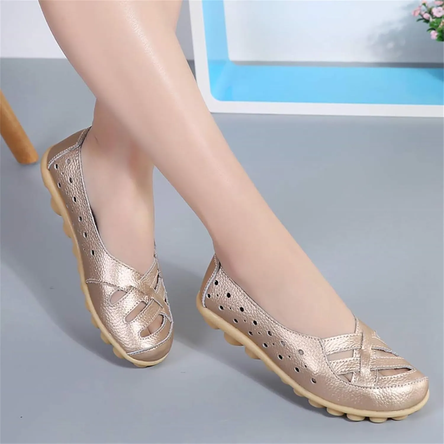 womens comfort sandals Breathable Leather Hollow Out Loafer Flats Summer Slip-On Cutout Sandals Casual Round Toe Orthopedic Loafers Fashion Soft Shoes