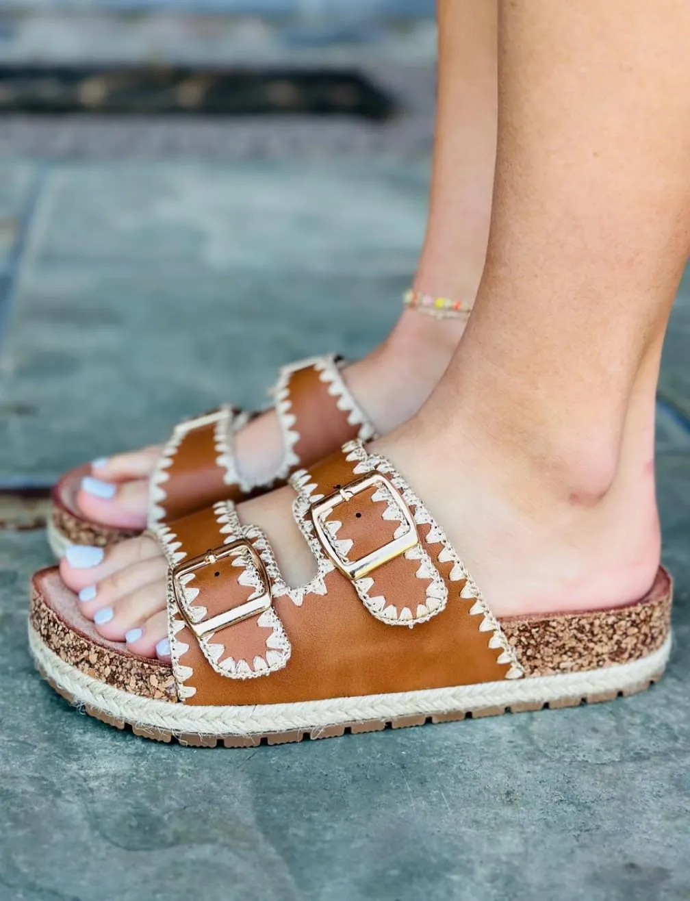 Women's Double Buckle Whip Stich Cork Flat Sandals