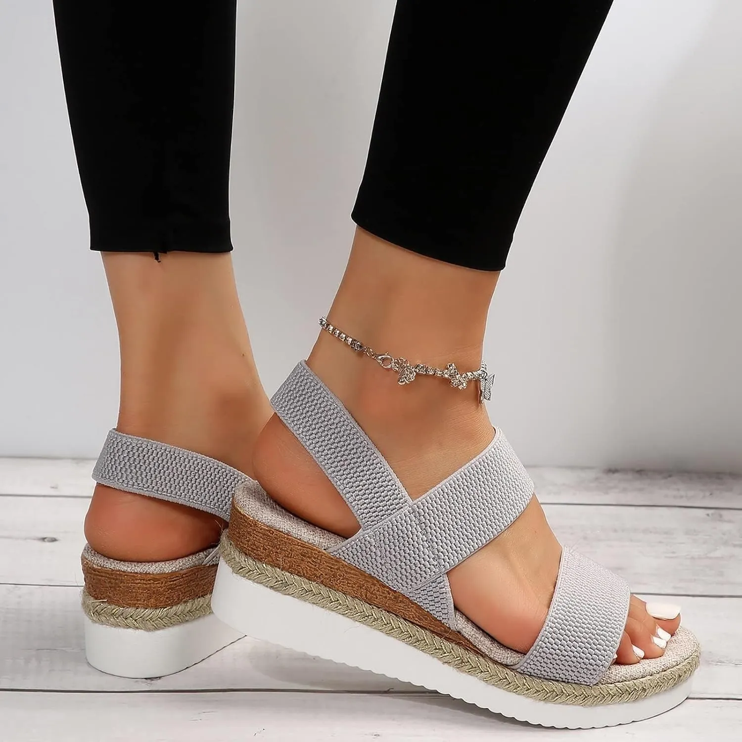 Womens Espadrille Wedge Sandals EVA Sole Platform Sandal Open Toe Ankle Strap Buckle Elastic Summer Comfort Slides Anti-Slip Espadrilles Leather Cork Rubber 2025 Lightweight Flat Shoes