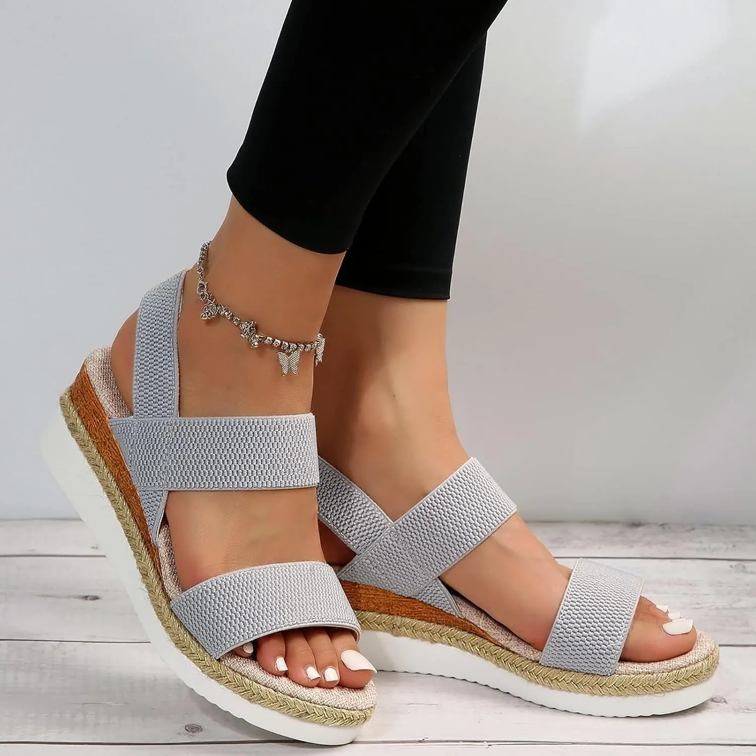 Womens Espadrille Wedge Sandals EVA Sole Platform Sandal Open Toe Ankle Strap Buckle Elastic Summer Comfort Slides Anti-Slip Espadrilles Leather Cork Rubber 2025 Lightweight Flat Shoes
