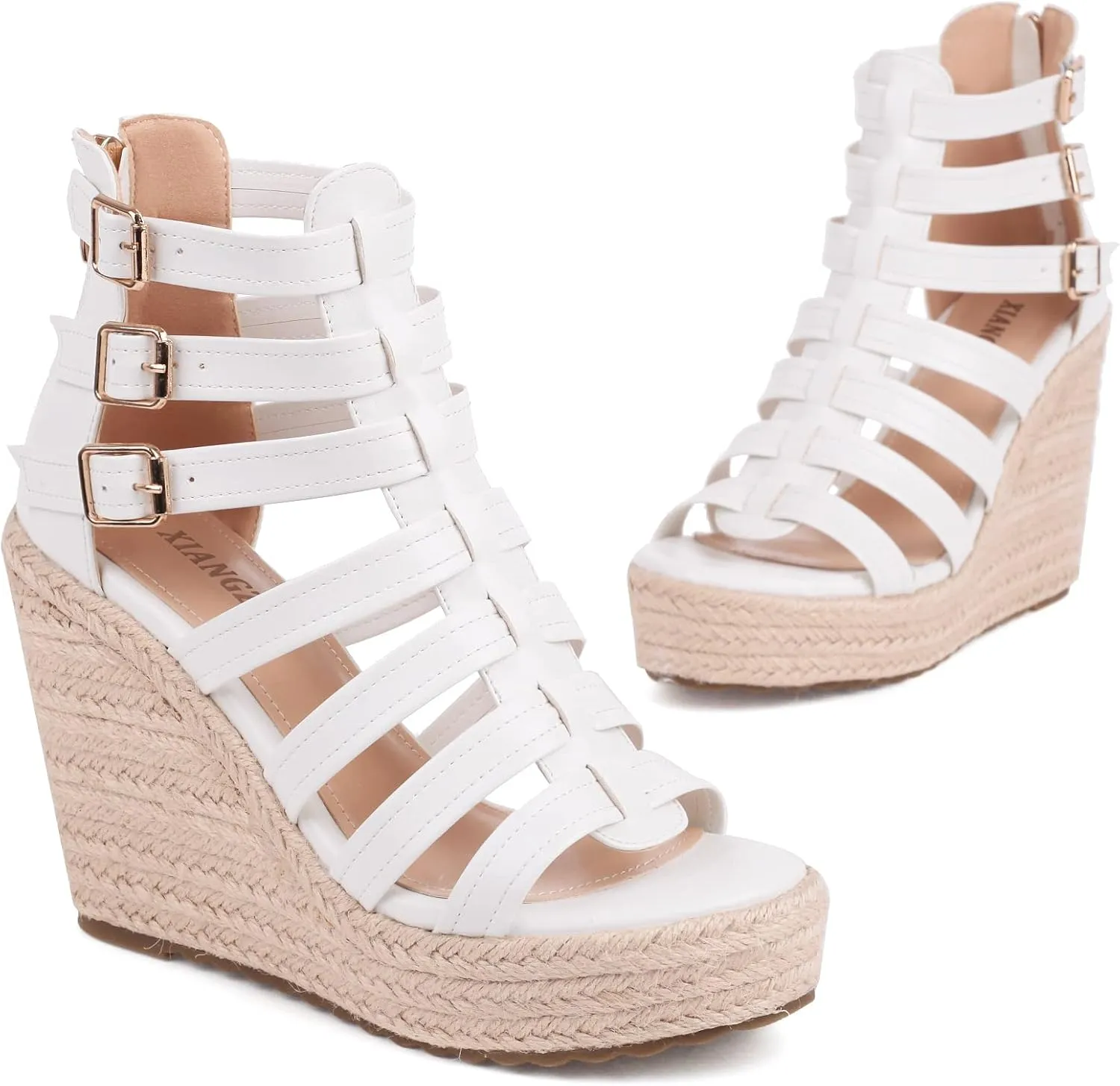 Women's Espadrilles Platform Wedge Sandals 4 Inch Adjustable Strappy with Back Zipper Open Toe Summer Vacation Dressy Wedge Heels