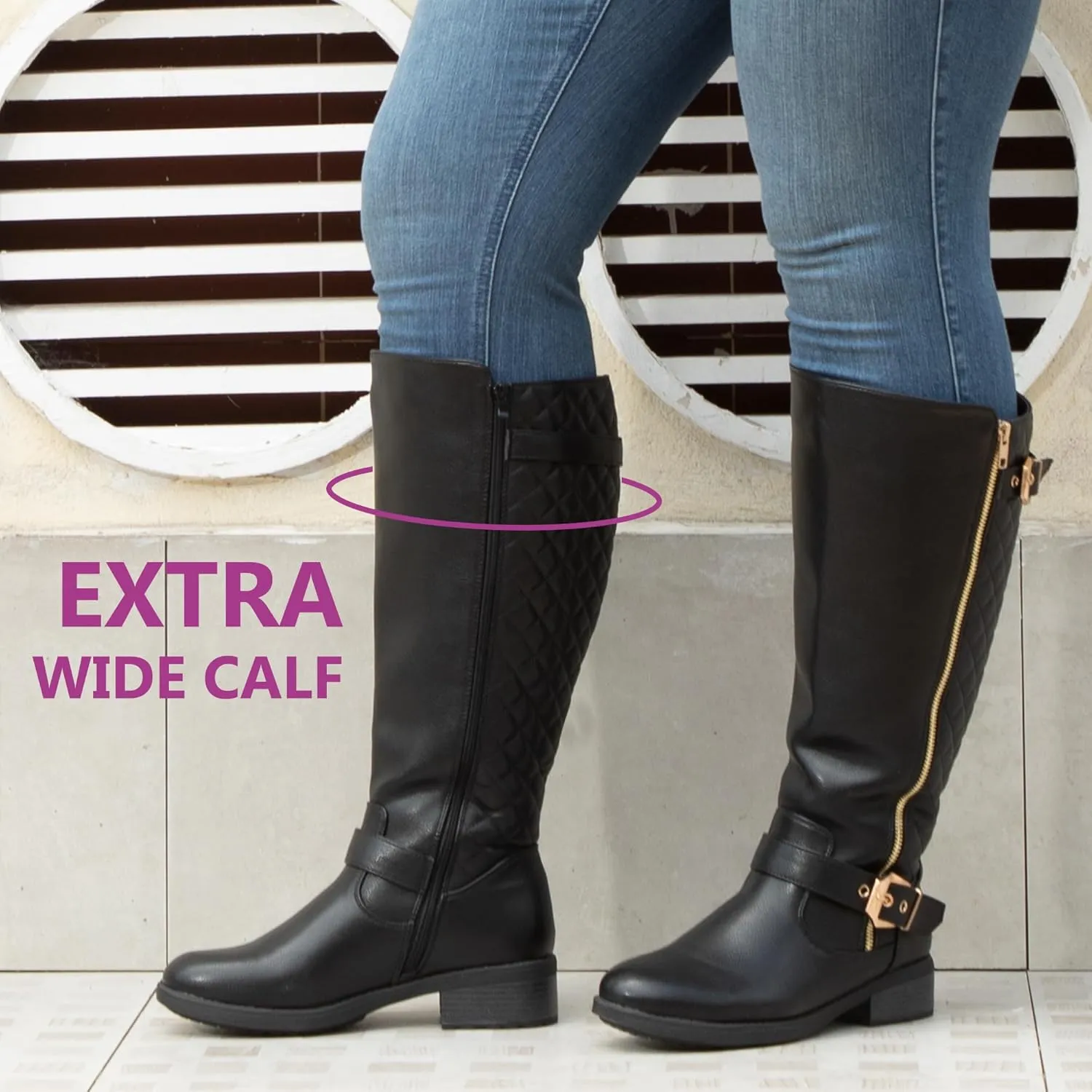 Women's Extra Wide Calf Knee High Riding Boots Retro Double Buckle Chic Style Fall Boots