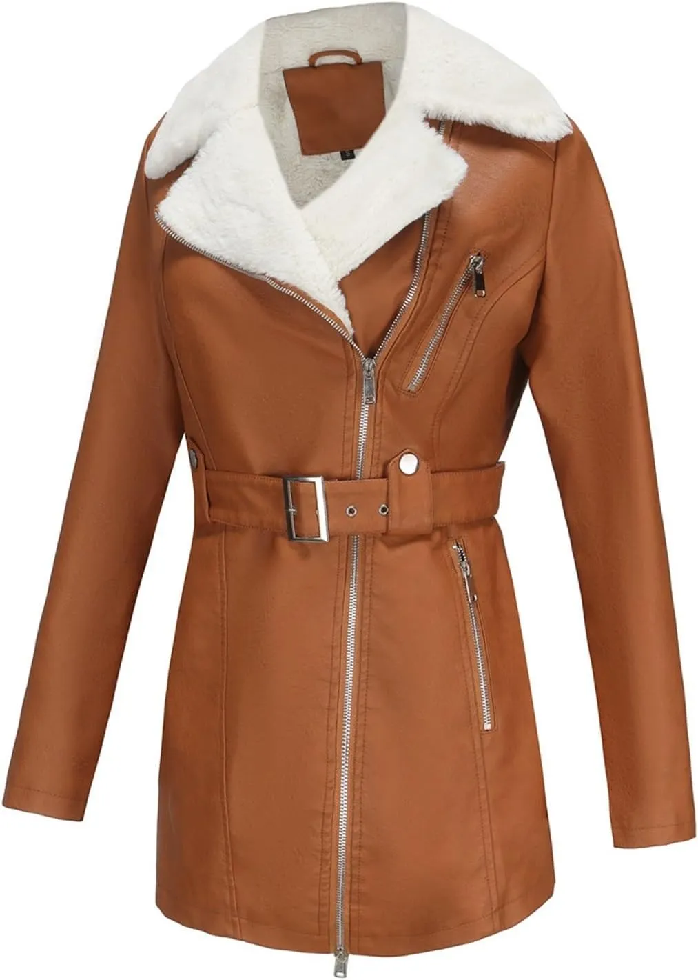 Womens Faux Leather Sherpa Lined Jacket, Sherpa-Lined Coat, Winter Aviator Faux Leather Coat Outerwear