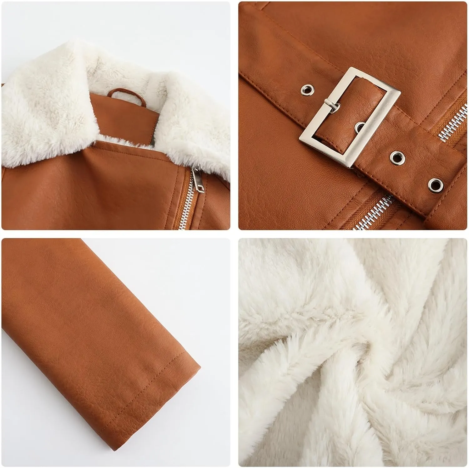 Womens Faux Leather Sherpa Lined Jacket, Sherpa-Lined Coat, Winter Aviator Faux Leather Coat Outerwear