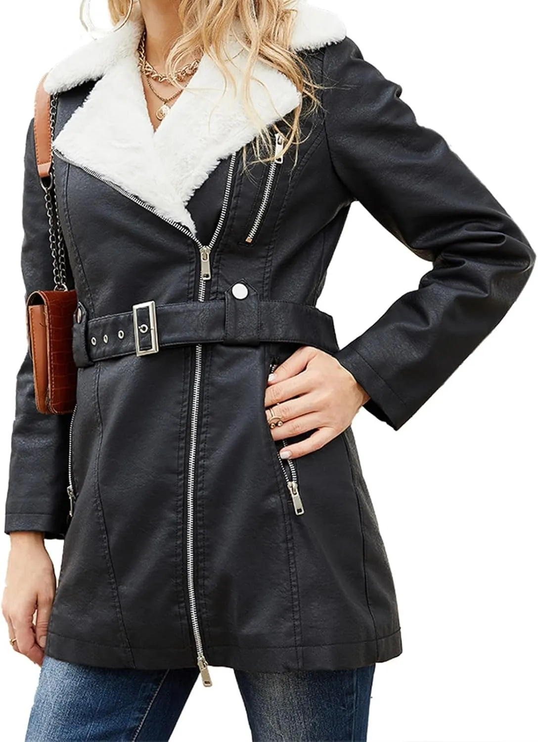 Womens Faux Leather Sherpa Lined Jacket, Sherpa-Lined Coat, Winter Aviator Faux Leather Coat Outerwear
