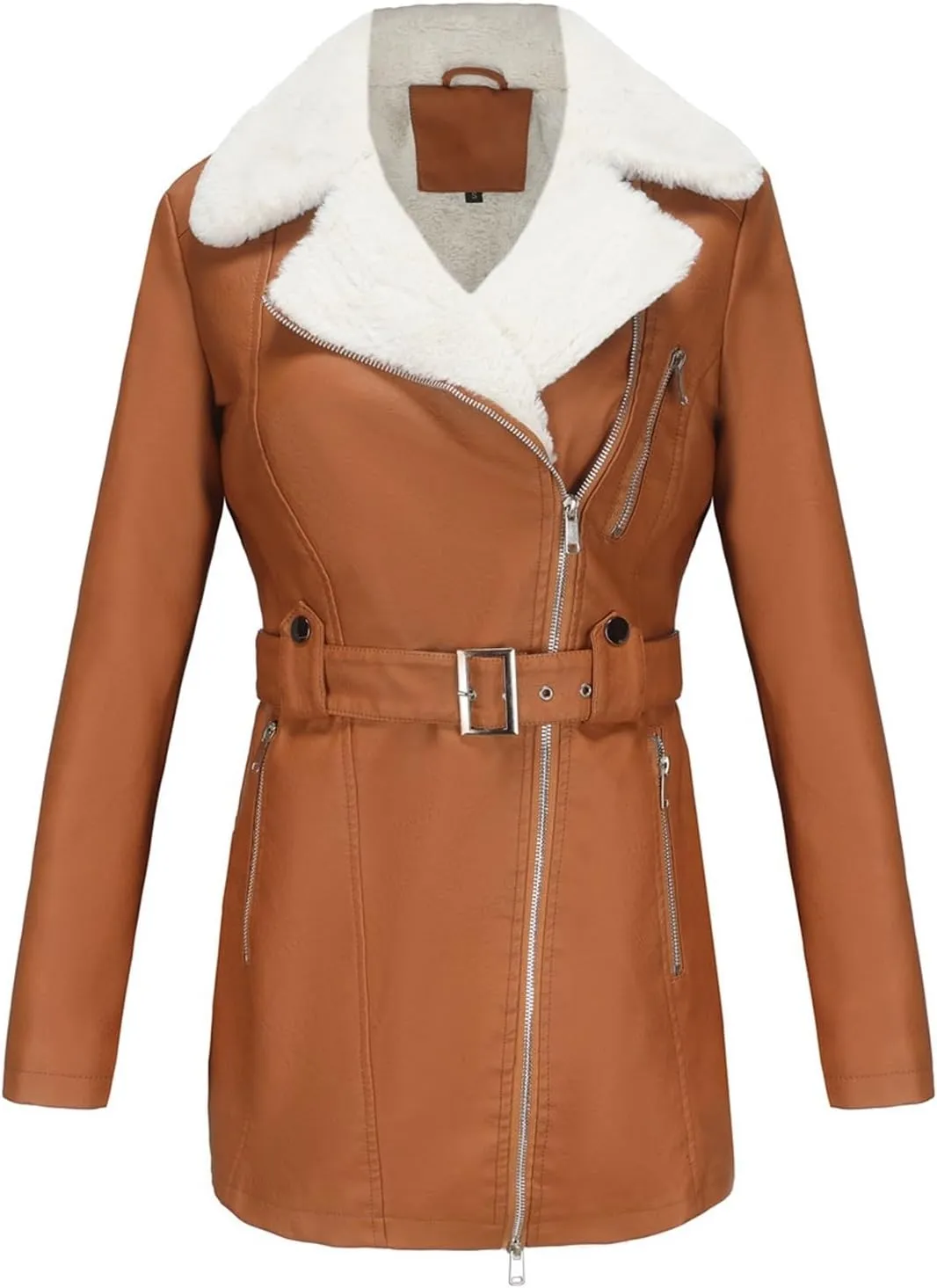 Womens Faux Leather Sherpa Lined Jacket, Sherpa-Lined Coat, Winter Aviator Faux Leather Coat Outerwear