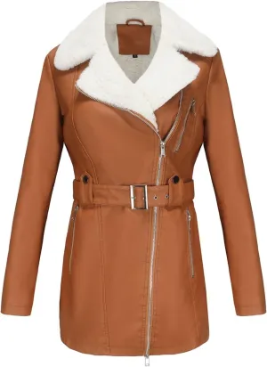 Womens Faux Leather Sherpa Lined Jacket, Sherpa-Lined Coat, Winter Aviator Faux Leather Coat Outerwear