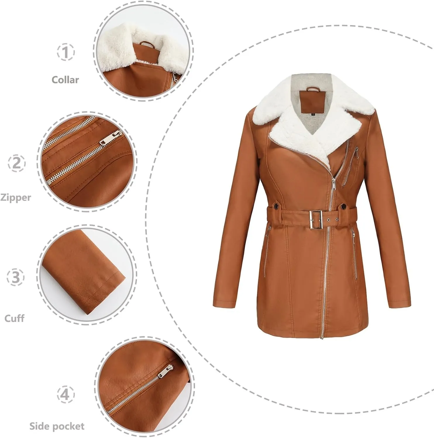 Womens Faux Leather Sherpa Lined Jacket, Sherpa-Lined Coat, Winter Aviator Faux Leather Coat Outerwear