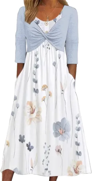 Womens Floral Print Maxi Dress with Light Blue Cardigan 2025 Casual Round Neck Half Sleeve Everyday Wear