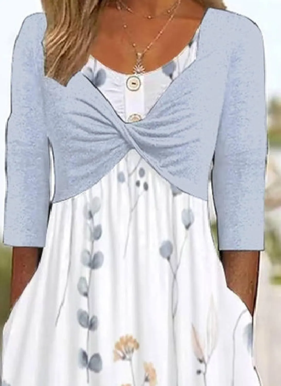 Womens Floral Print Maxi Dress with Light Blue Cardigan 2025 Casual Round Neck Half Sleeve Everyday Wear