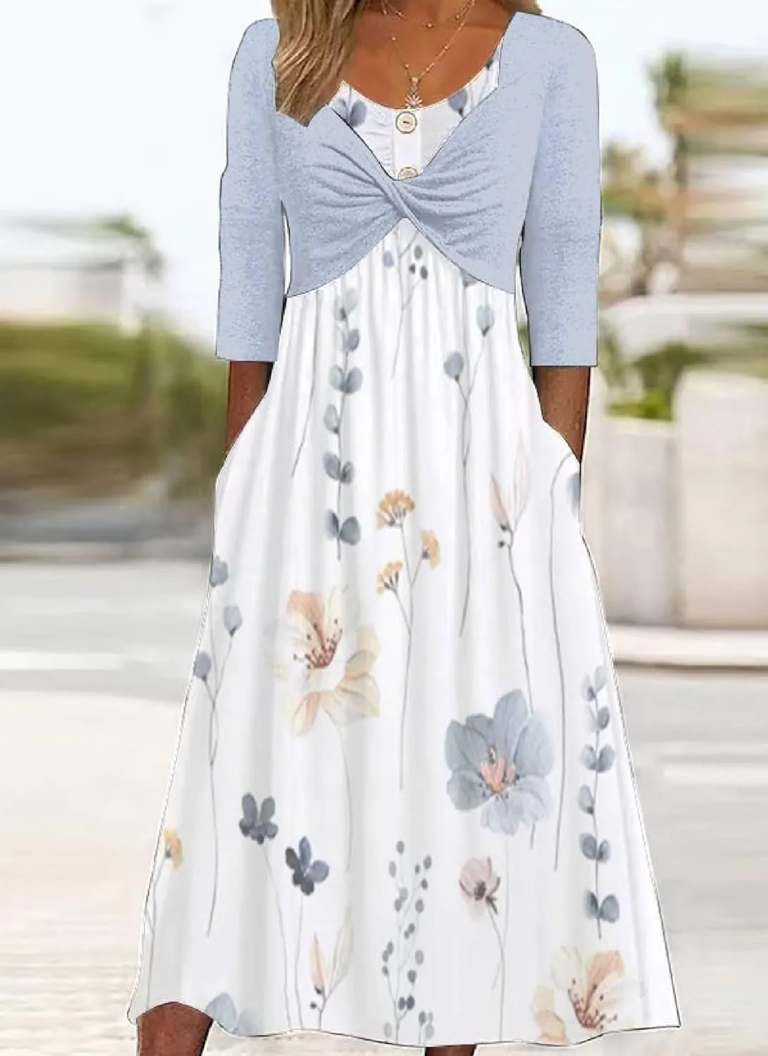 Womens Floral Print Maxi Dress with Light Blue Cardigan 2025 Casual Round Neck Half Sleeve Everyday Wear