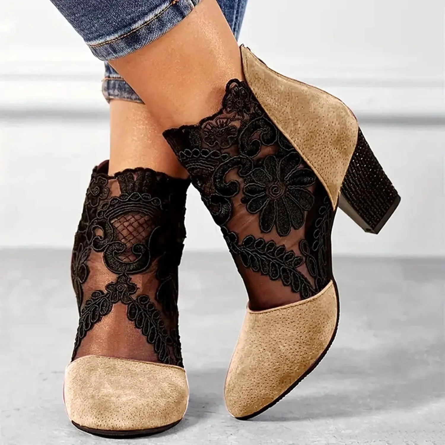 Women's Flowers Lace Fish Mouth Open Toe High Heels Sandals Back Zipper Chunky Heel Summer Dress Shoes Floral & Lace Mesh Breathable Shoes