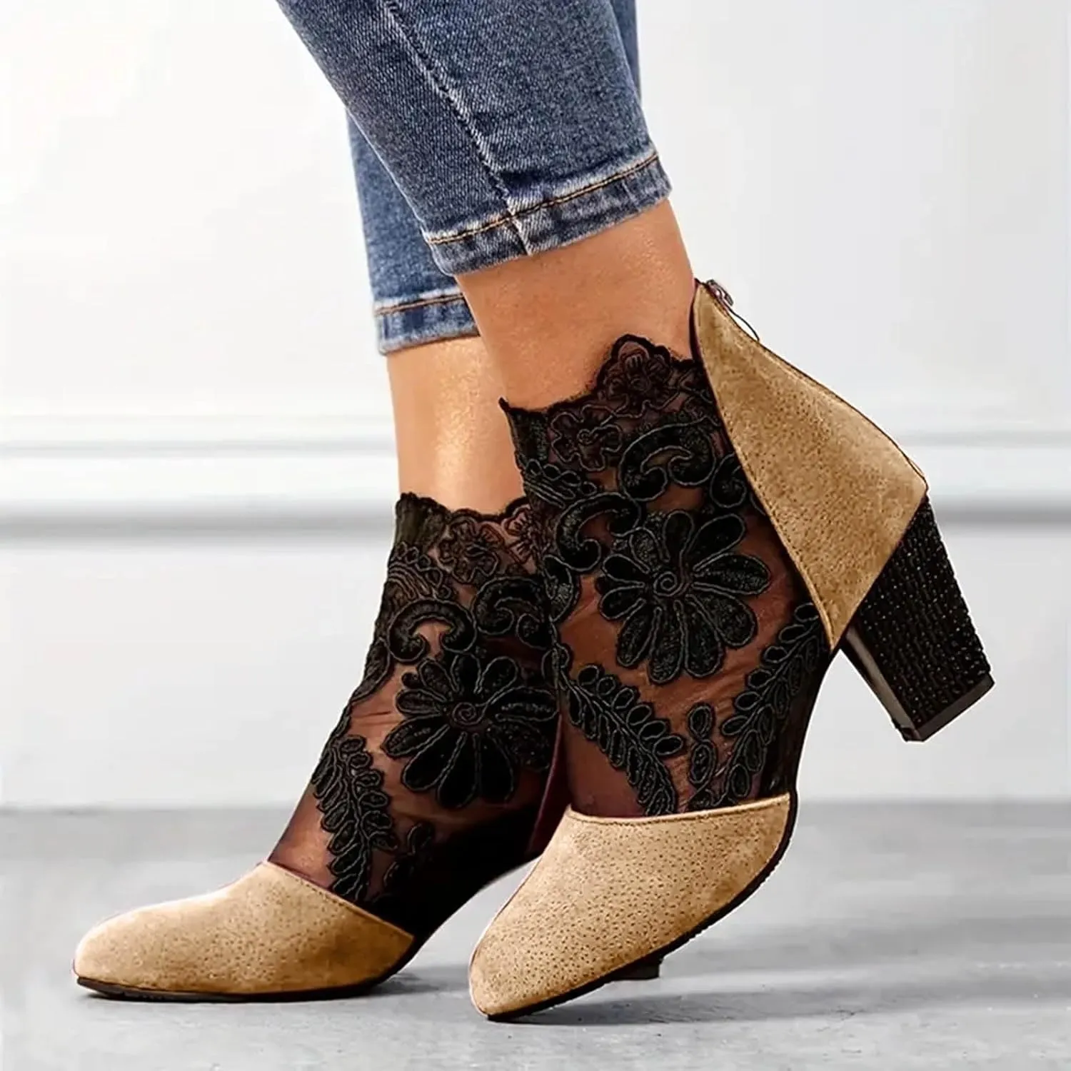 Women's Flowers Lace Fish Mouth Open Toe High Heels Sandals Back Zipper Chunky Heel Summer Dress Shoes Floral & Lace Mesh Breathable Shoes