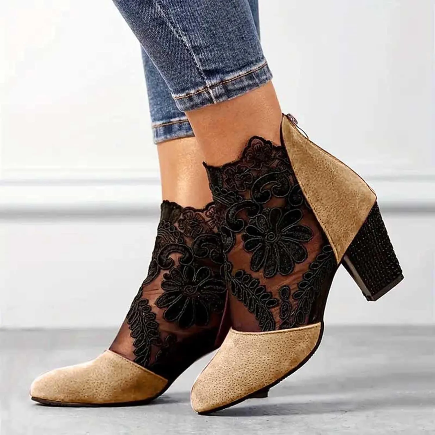 Women's Flowers Lace Fish Mouth Open Toe High Heels Sandals Back Zipper Chunky Heel Summer Dress Shoes Floral & Lace Mesh Breathable Shoes