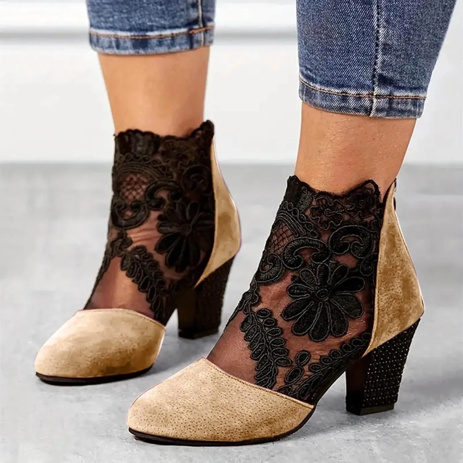Women's Flowers Lace Fish Mouth Open Toe High Heels Sandals Back Zipper Chunky Heel Summer Dress Shoes Floral & Lace Mesh Breathable Shoes
