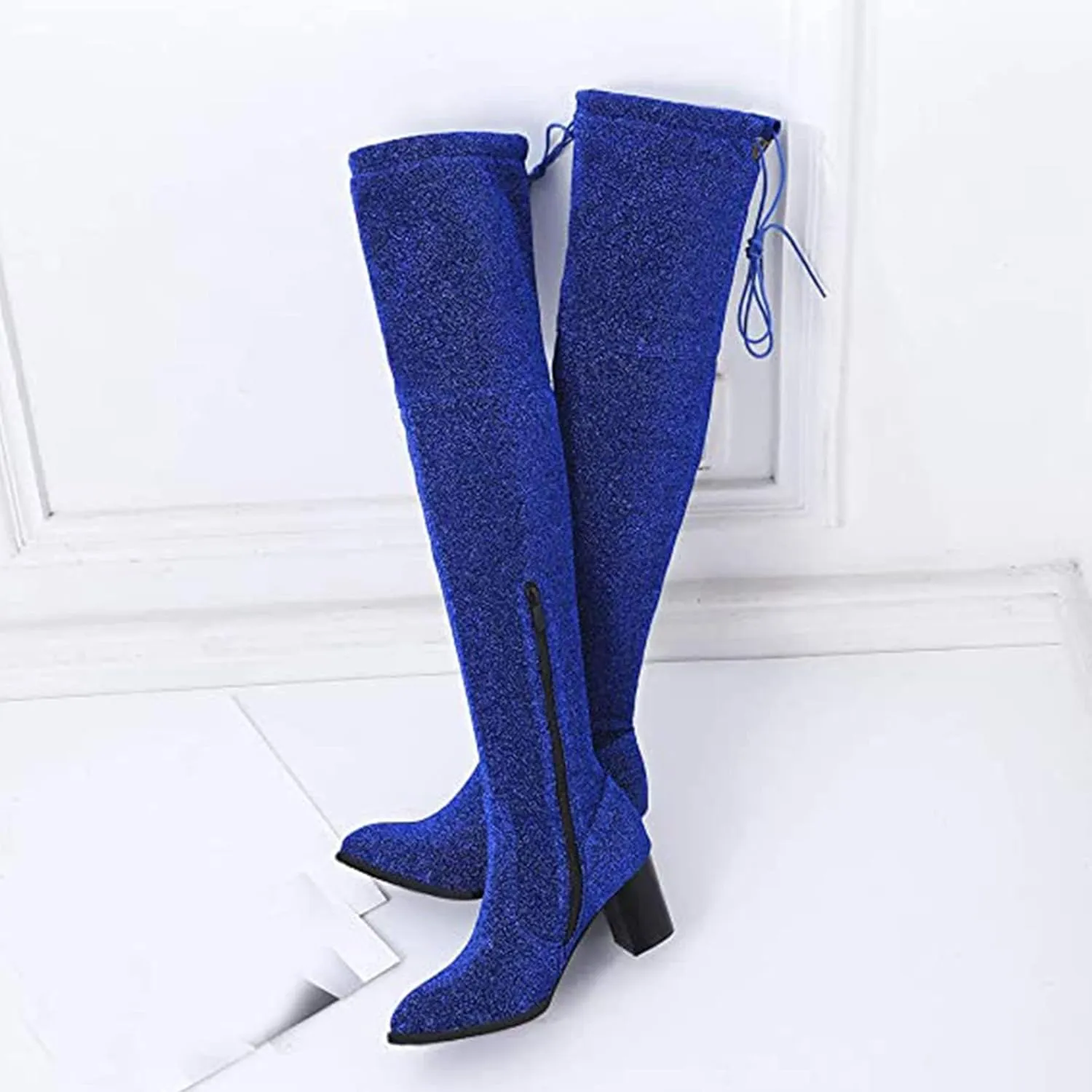 Womens Glitter Thigh High Stretch Over The Knee Chunky Heel Boots