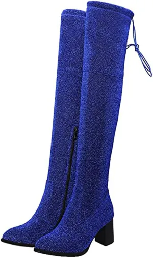 Womens Glitter Thigh High Stretch Over The Knee Chunky Heel Boots