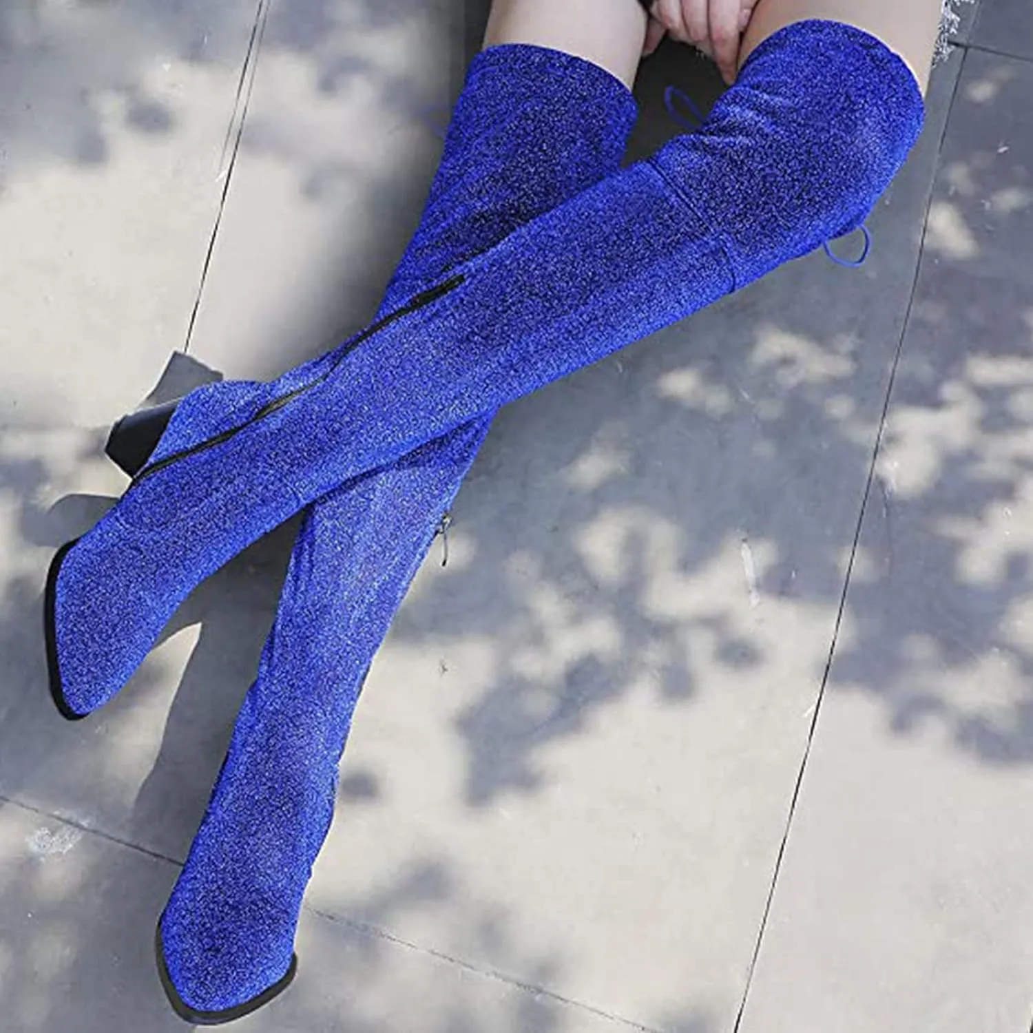 Womens Glitter Thigh High Stretch Over The Knee Chunky Heel Boots