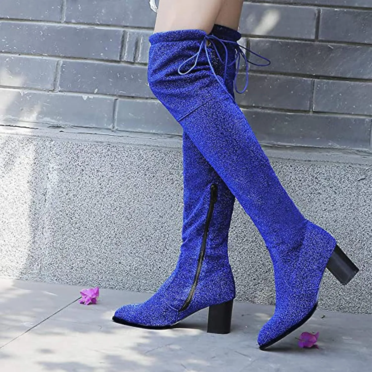 Womens Glitter Thigh High Stretch Over The Knee Chunky Heel Boots