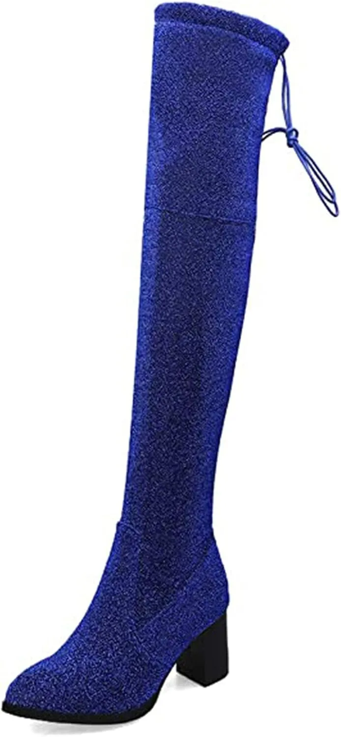 Womens Glitter Thigh High Stretch Over The Knee Chunky Heel Boots