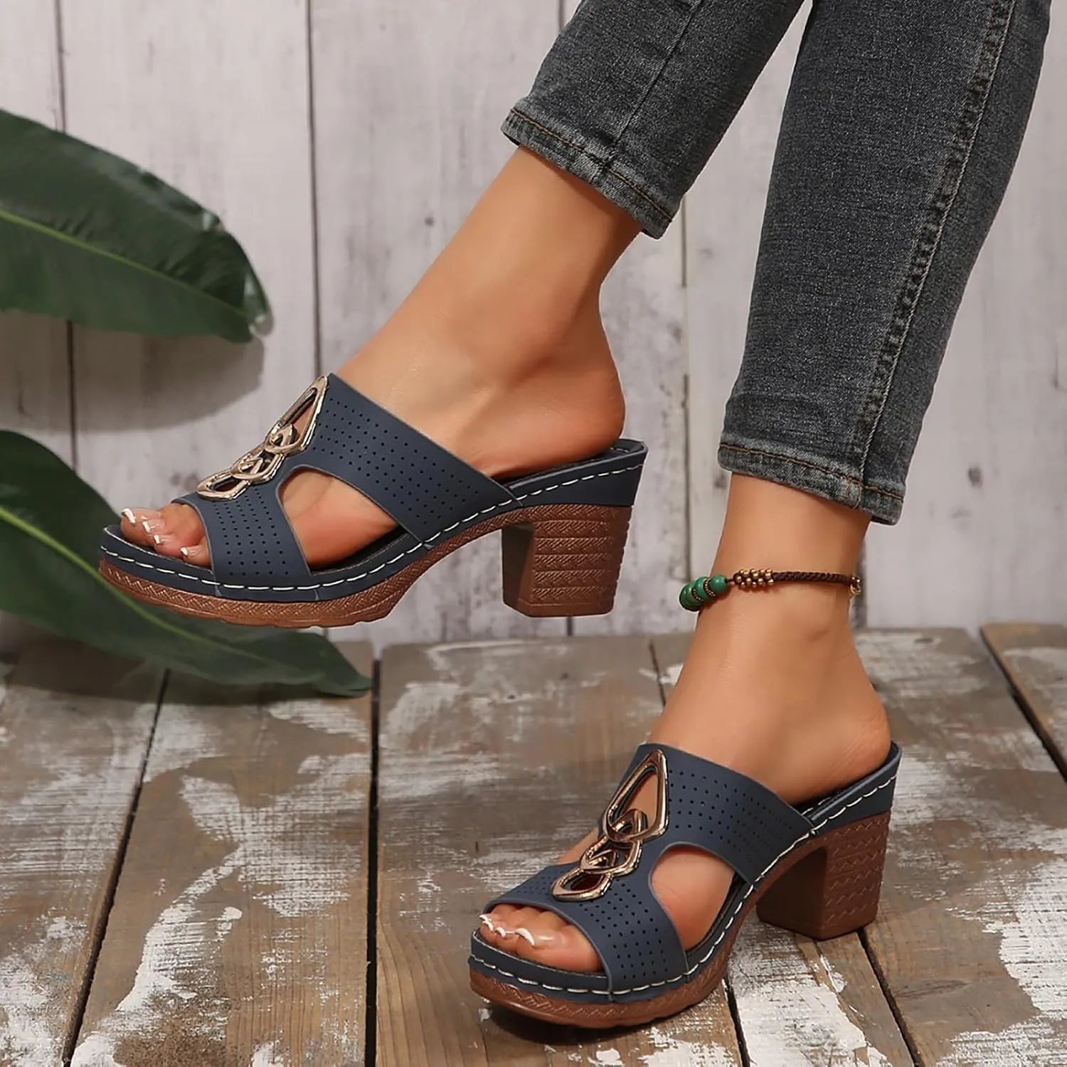Women's Heeled Sandals Chunky Block Mid Heels Open Toe Ankle Strap Slides Summer Mules for Women 2025 Comfortable Walking Slip On Heel Clogs Fashion Dress Shoes Casual Slippers
