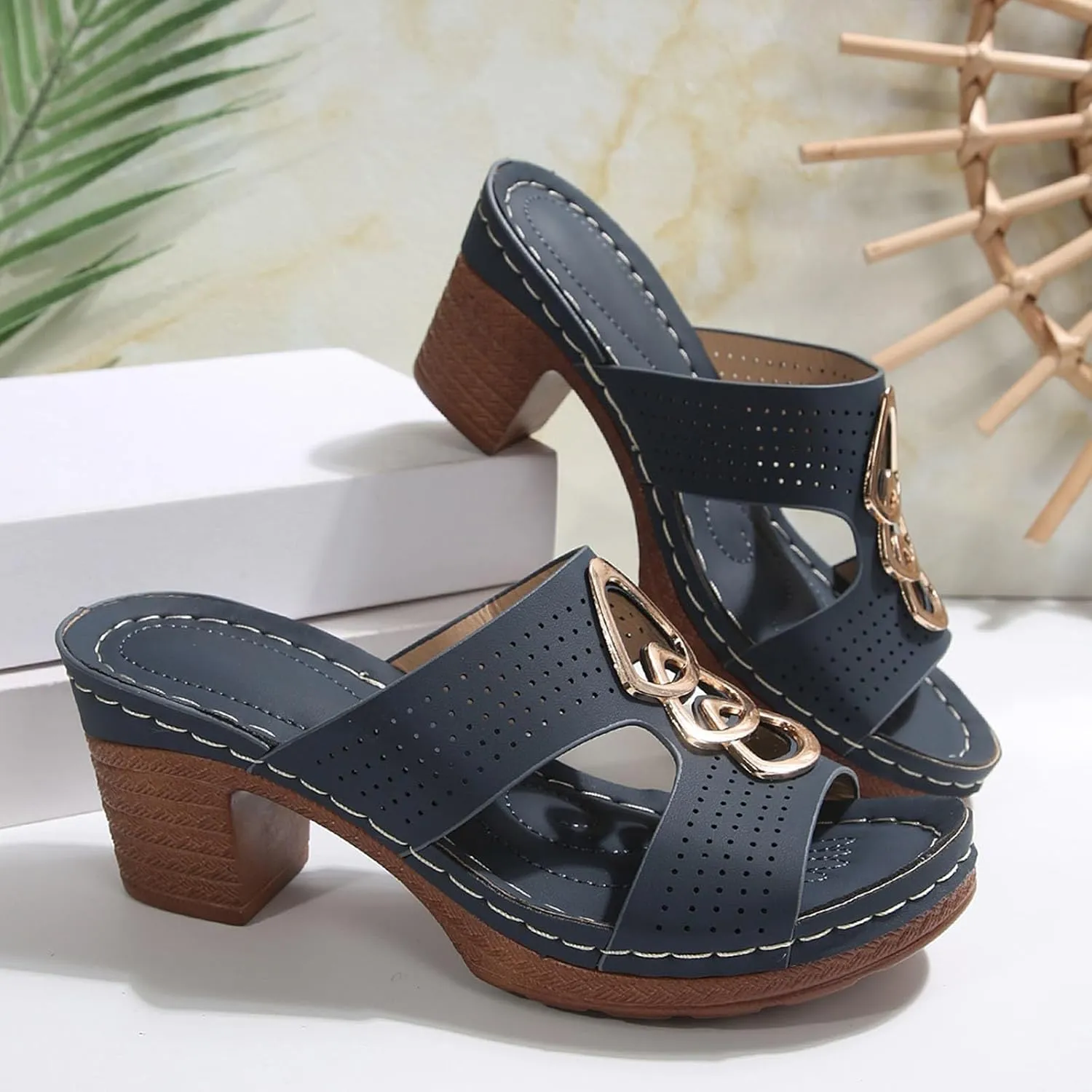 Women's Heeled Sandals Chunky Block Mid Heels Open Toe Ankle Strap Slides Summer Mules for Women 2025 Comfortable Walking Slip On Heel Clogs Fashion Dress Shoes Casual Slippers