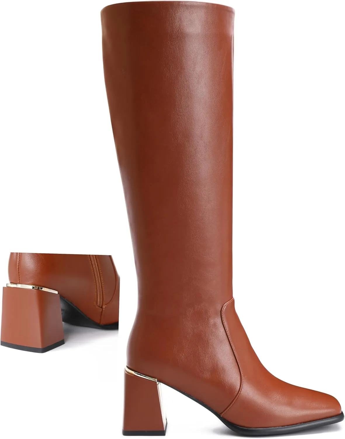 Women's Knee High Boots Block Metal Heel Square Toe Side Zipper Soft PU Leather Classic Fashion Dress Long Boots