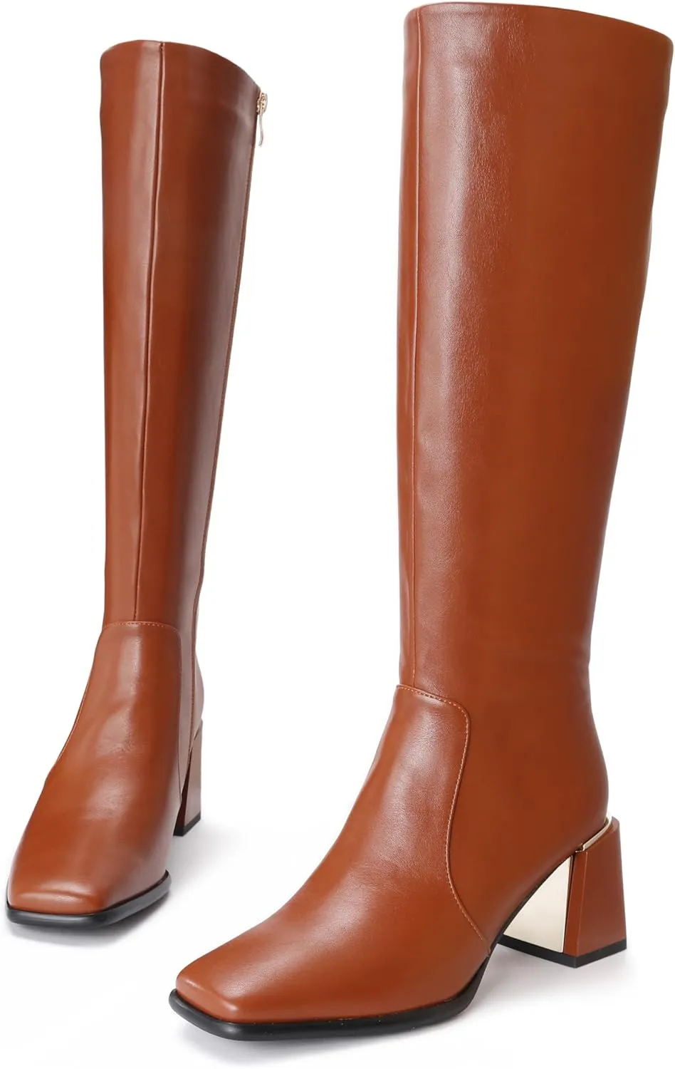 Women's Knee High Boots Block Metal Heel Square Toe Side Zipper Soft PU Leather Classic Fashion Dress Long Boots
