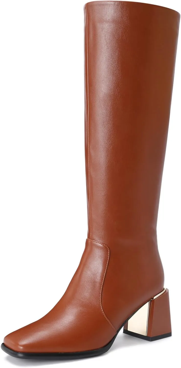 Women's Knee High Boots Block Metal Heel Square Toe Side Zipper Soft PU Leather Classic Fashion Dress Long Boots