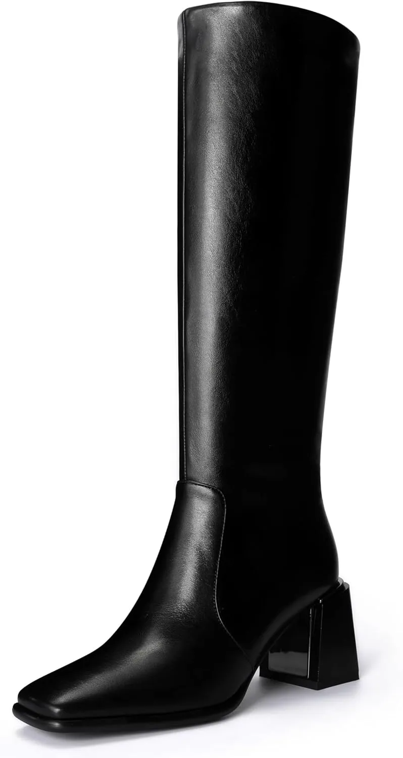 Women's Knee High Boots Block Metal Heel Square Toe Side Zipper Soft PU Leather Classic Fashion Dress Long Boots