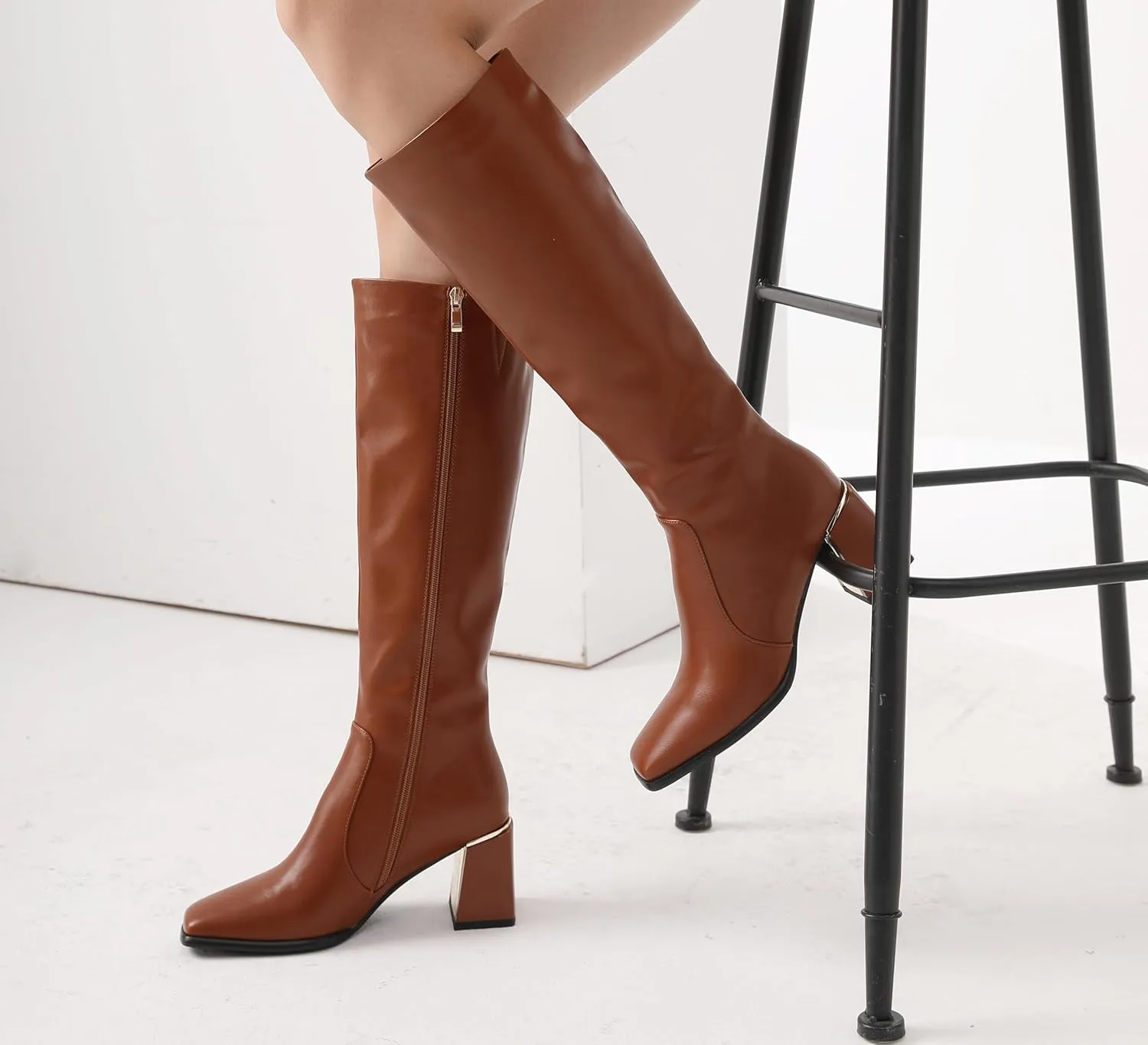 Women's Knee High Boots Block Metal Heel Square Toe Side Zipper Soft PU Leather Classic Fashion Dress Long Boots
