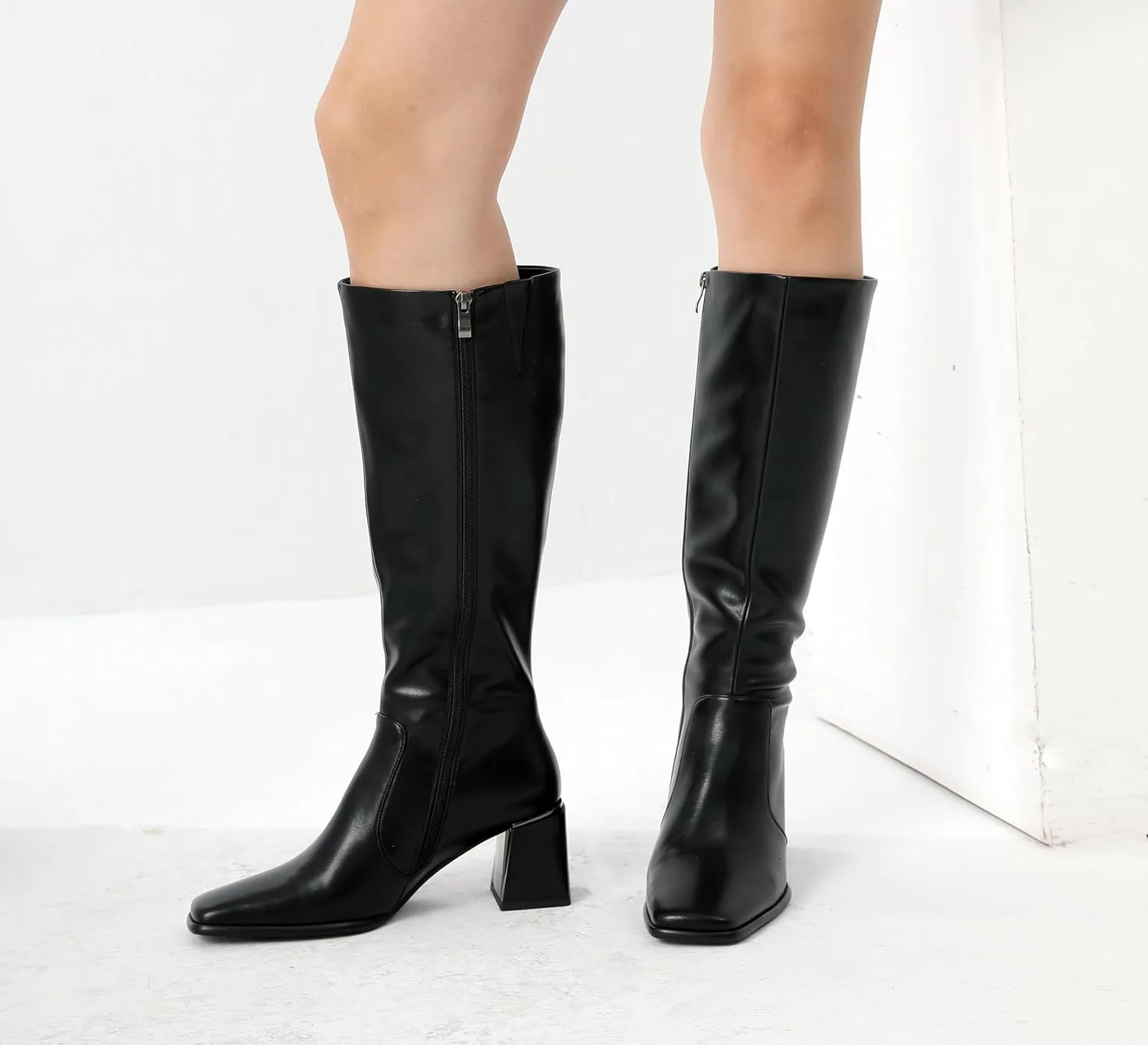 Women's Knee High Boots Block Metal Heel Square Toe Side Zipper Soft PU Leather Classic Fashion Dress Long Boots