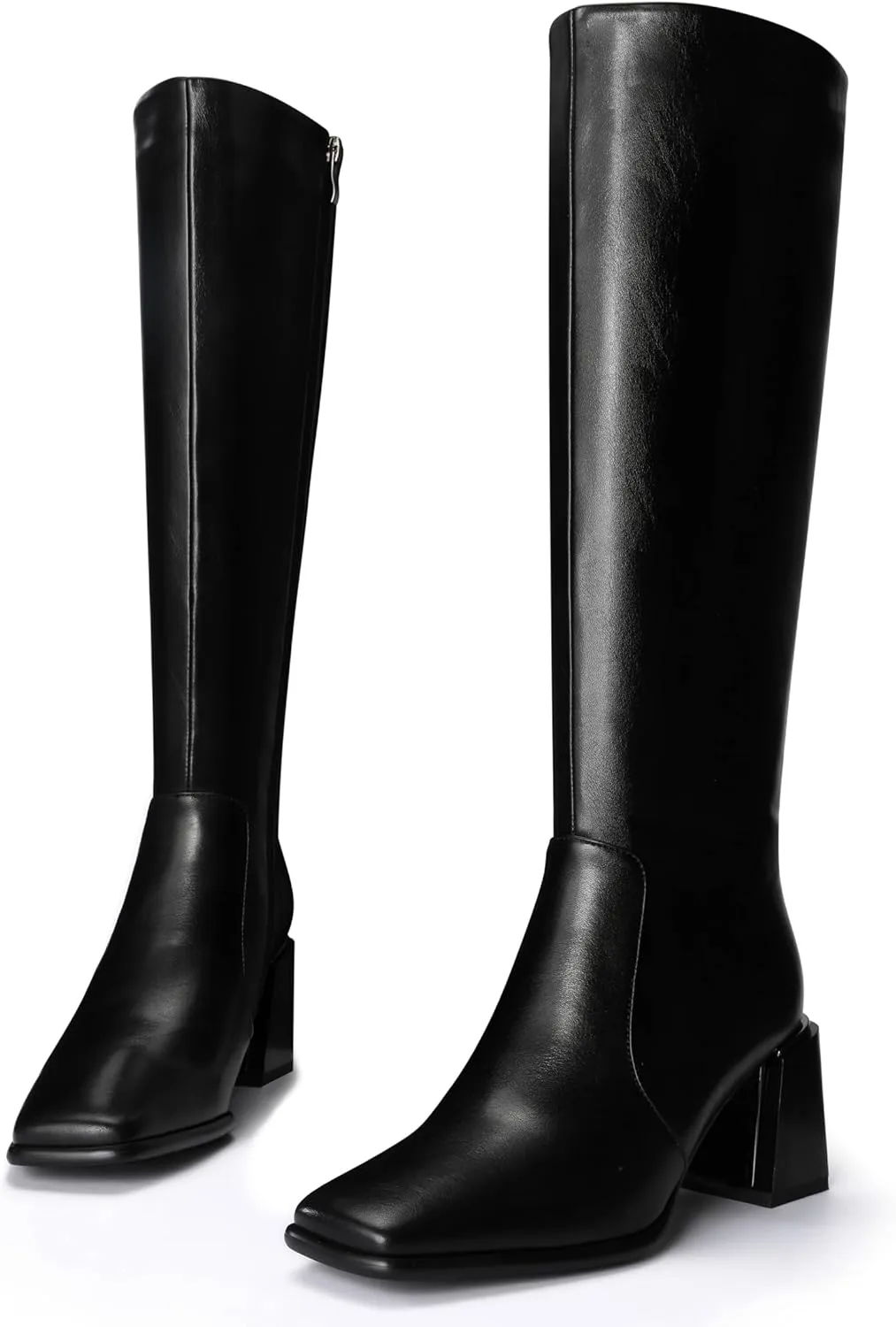 Women's Knee High Boots Block Metal Heel Square Toe Side Zipper Soft PU Leather Classic Fashion Dress Long Boots