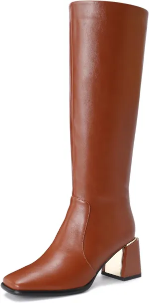 Women's Knee High Boots Block Metal Heel Square Toe Side Zipper Soft PU Leather Classic Fashion Dress Long Boots