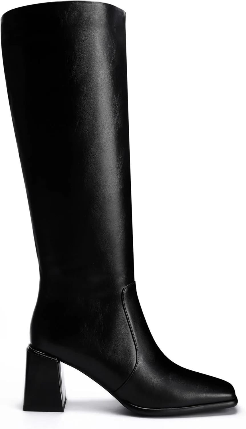 Women's Knee High Boots Block Metal Heel Square Toe Side Zipper Soft PU Leather Classic Fashion Dress Long Boots