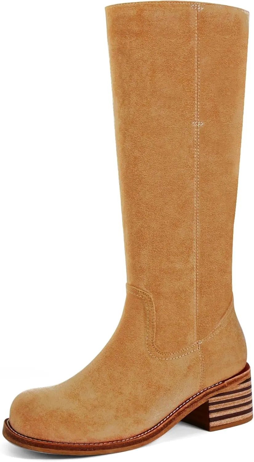 Women's Knee High Boots Square Toe Chunky Block Heel Long Boots for Women Comfortable Low Heel Womens Boots