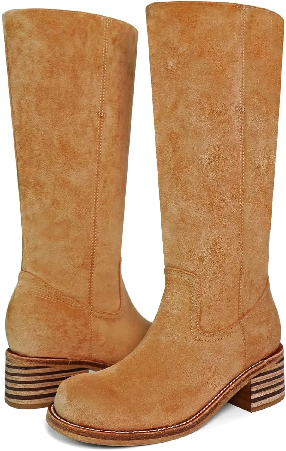Women's Knee High Boots Square Toe Chunky Block Heel Long Boots for Women Comfortable Low Heel Womens Boots
