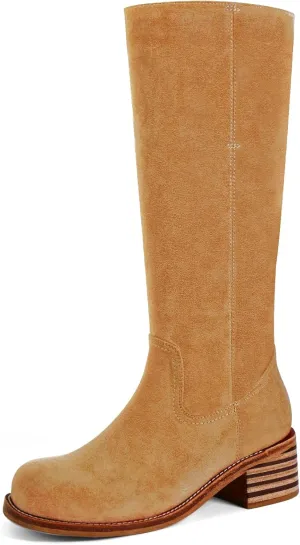 Women's Knee High Boots Square Toe Chunky Block Heel Long Boots for Women Comfortable Low Heel Womens Boots