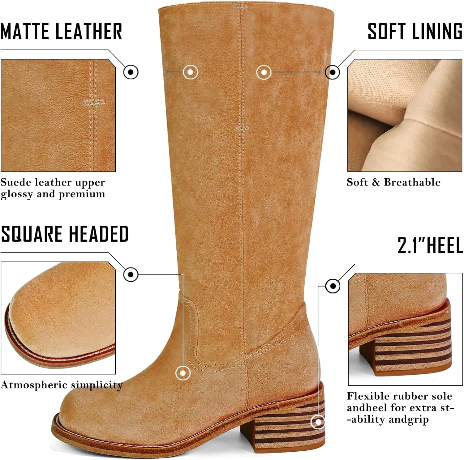Women's Knee High Boots Square Toe Chunky Block Heel Long Boots for Women Comfortable Low Heel Womens Boots
