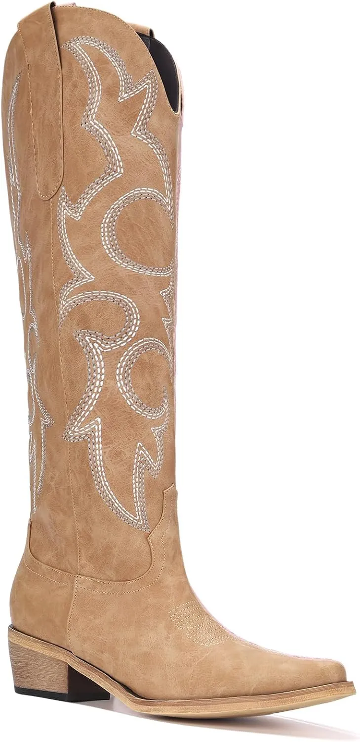 Women's Knee High Cowboy Boots for Women- Pointed Toe Cowgirl Boots Women with Side Zipper & Classic Embroidery Designs Ideal for Worker for Country Concert