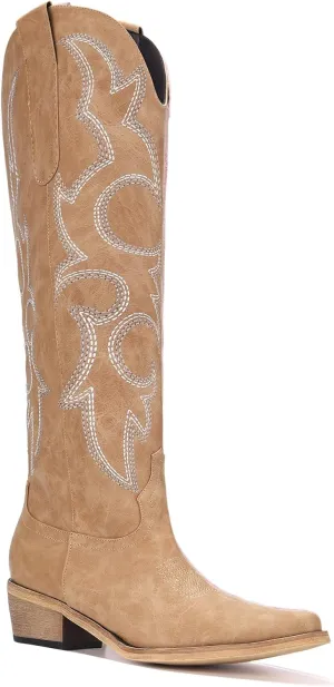 Women's Knee High Cowboy Boots for Women- Pointed Toe Cowgirl Boots Women with Side Zipper & Classic Embroidery Designs Ideal for Worker for Country Concert