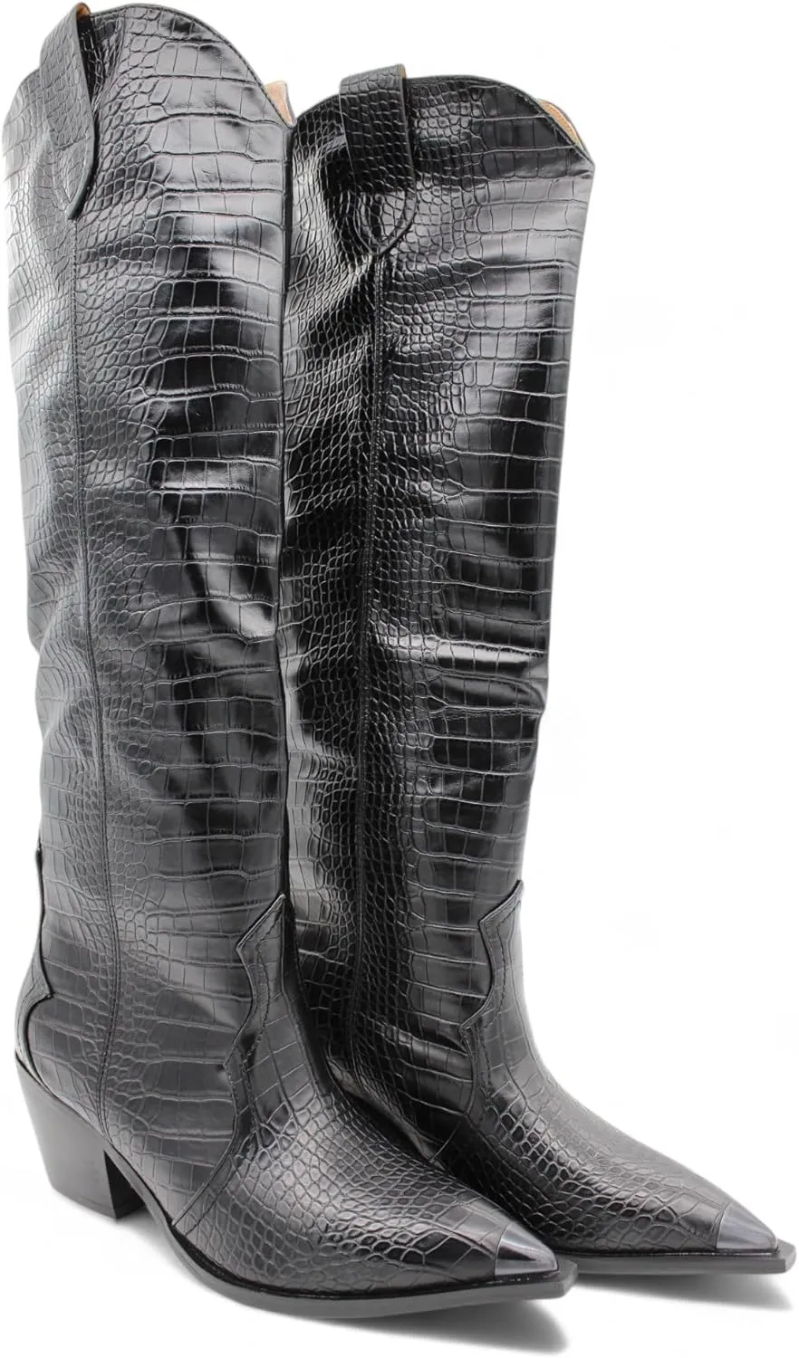 Womens Knee High Western Cowboy Boots with Croc Embossed Pattern Pointed Toe and Block Heel, Fashionable Faux Leather Boots for Casual or Dressy Occasions, Winter Boots for Women, Cowboy Boots for Women, Snow Boots for Women