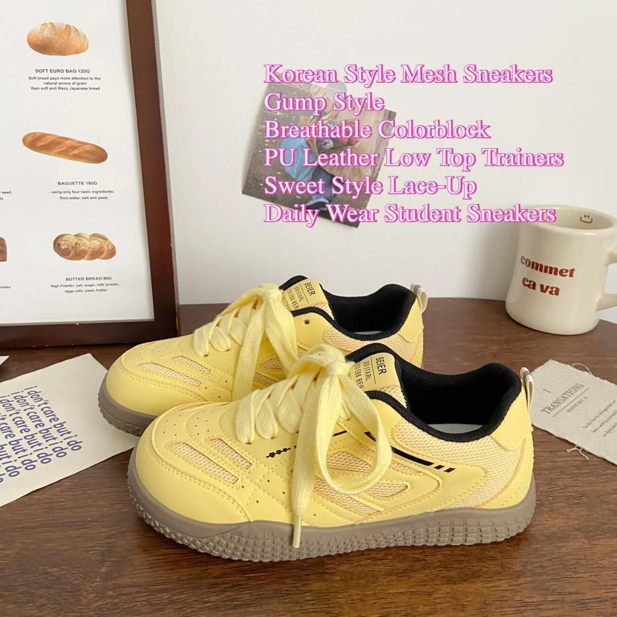 Women’s Korean Mesh Sneakers – Casual White Gump-Style Shoes, Breathable Colorblock Lace-Up Trainers for Students, Soft PU Leather Low-Tops