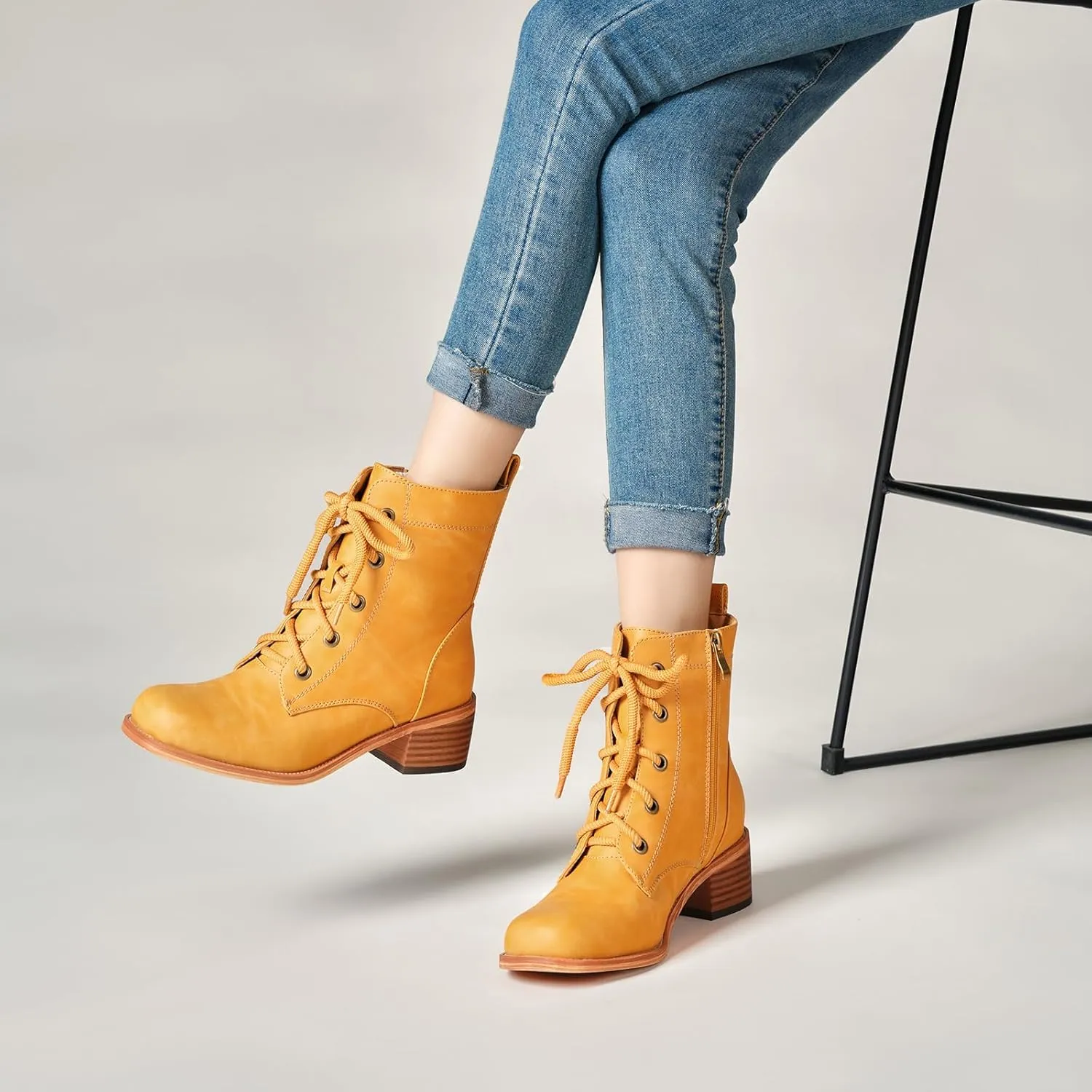 Women's Lace-Up Combat Boots Low Heel Waterproof Casual Fashion Ankle Booties