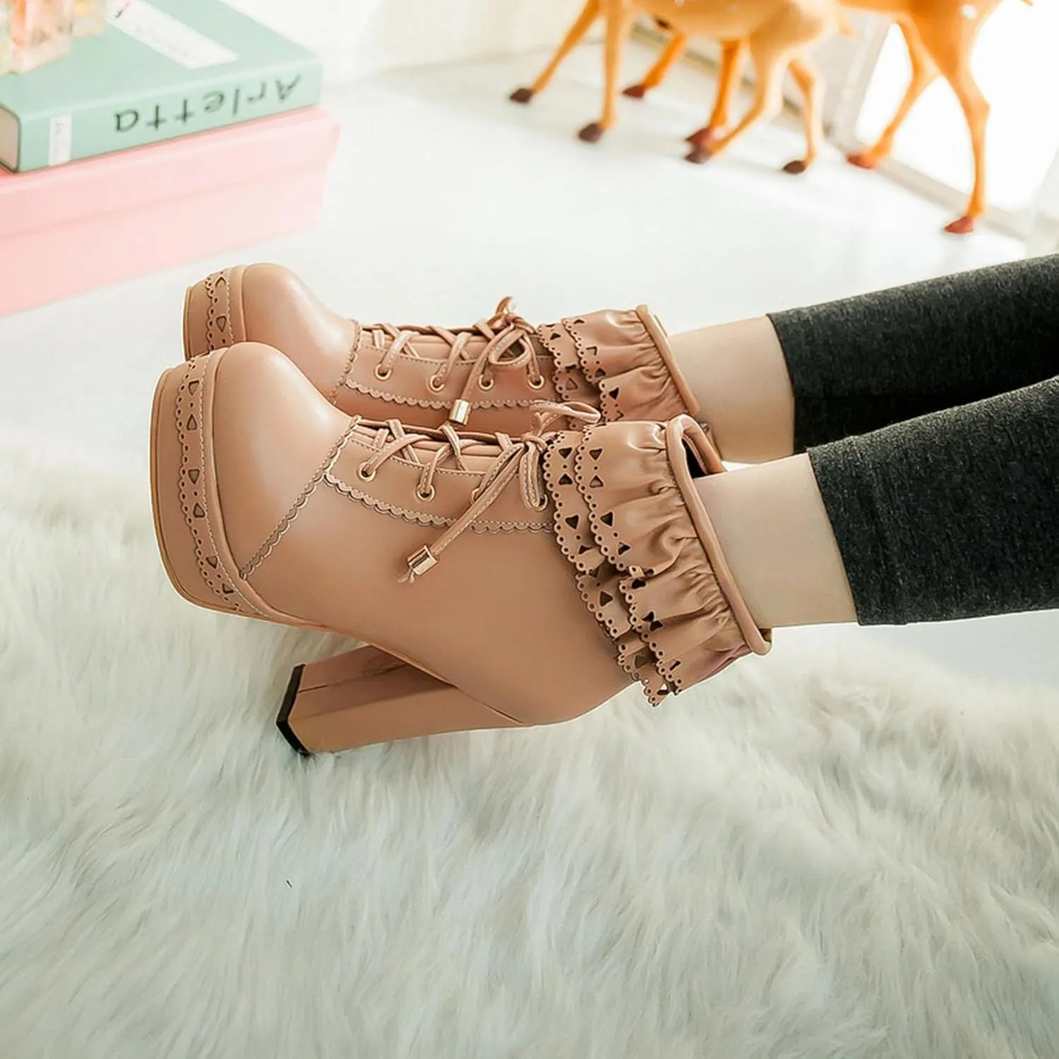 Womens Lolita Platform Lace Up Chunky High Heel Boots Zip Up