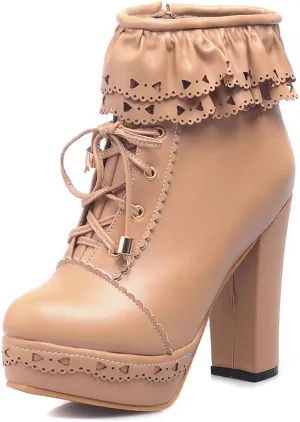 Womens Lolita Platform Lace Up Chunky High Heel Boots Zip Up